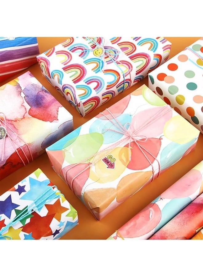 AIWANTO Rainbow Gift Wrap Paper Set 50 × 70 cm Colourful Wrapping Paper with String & Stickers for Birthdays, Valentine’s Day & Celebrations (12 Sets x 2 Pack) - Image 4